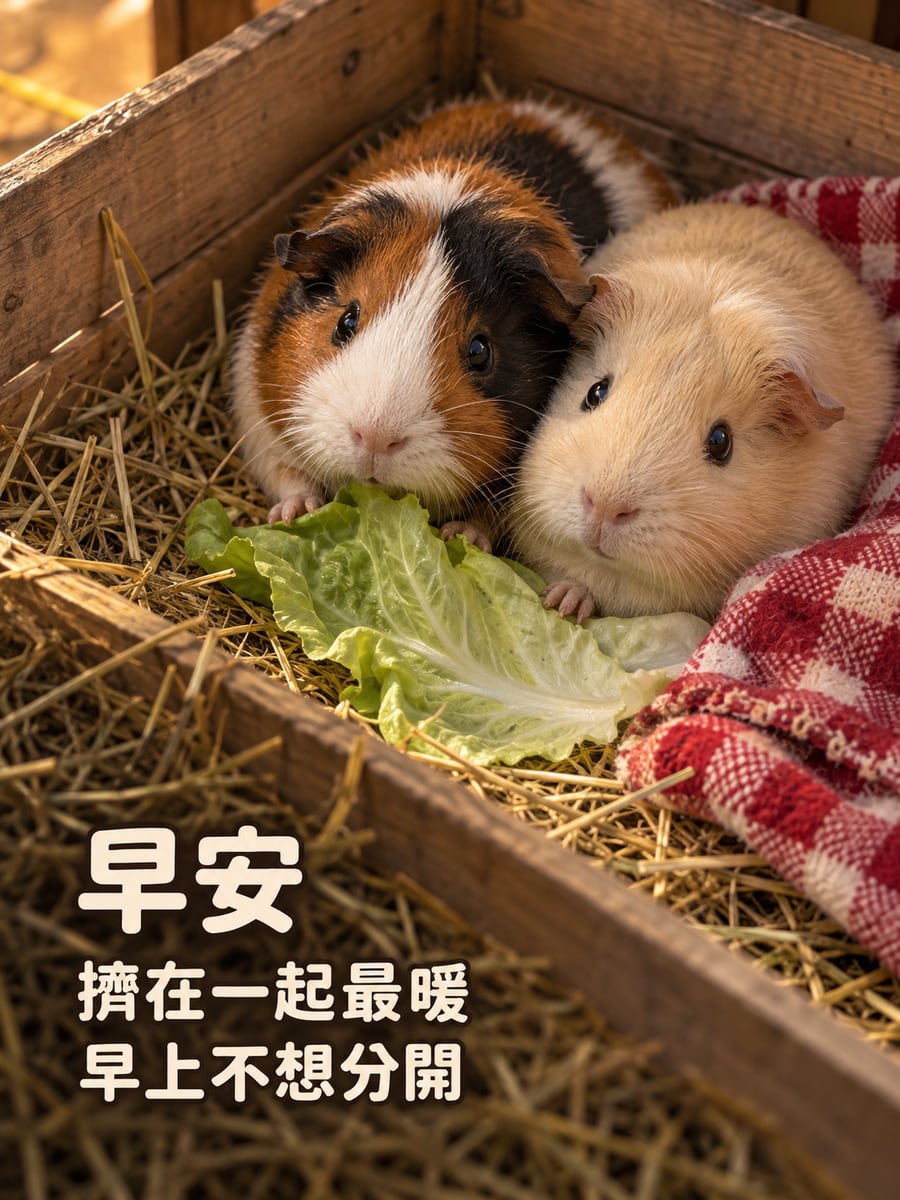 天竺鼠取暖。圖中文字：早安，擠在一起最暖，早上不想分開