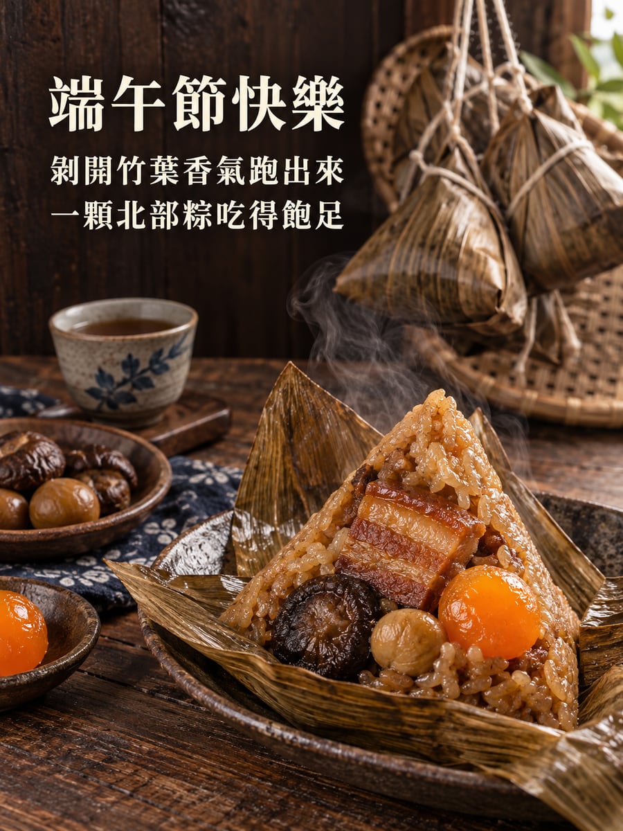 北部粽剝開。圖中文字：端午節快樂，剝開竹葉香氣跑出來，一顆北部粽吃得飽足