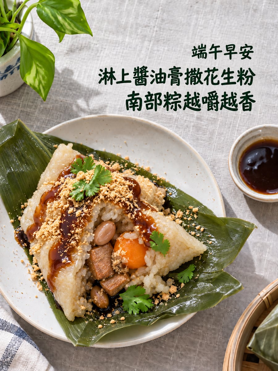 南部粽淋醬。圖中文字：端午早安，淋上醬油膏撒花生粉，南部粽越嚼越香