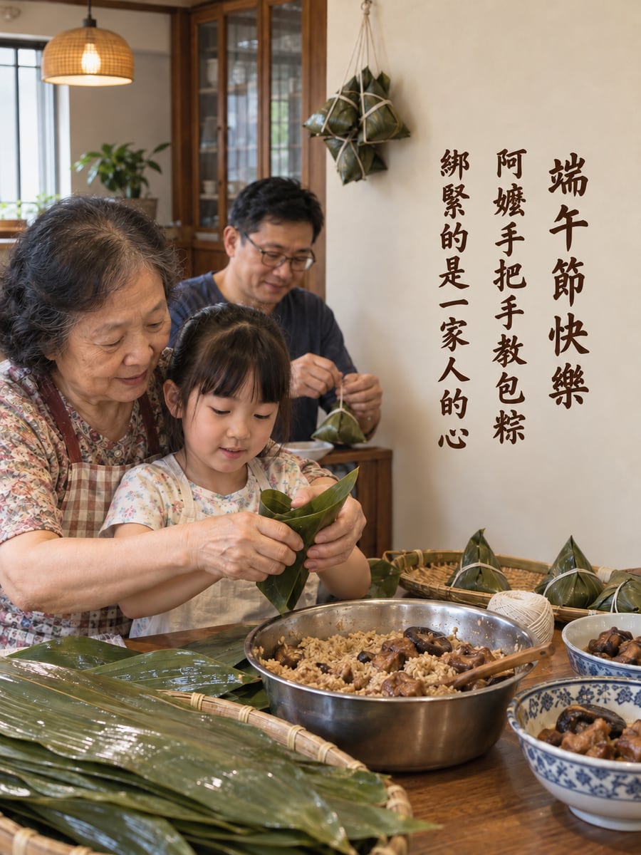 阿嬤教包粽。圖中文字：端午節快樂，阿嬤手把手教包粽，綁緊的是一家人的心