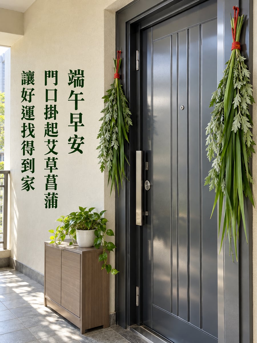 門口艾草菖蒲。圖中文字：端午早安，門口掛起艾草菖蒲，讓好運找得到家