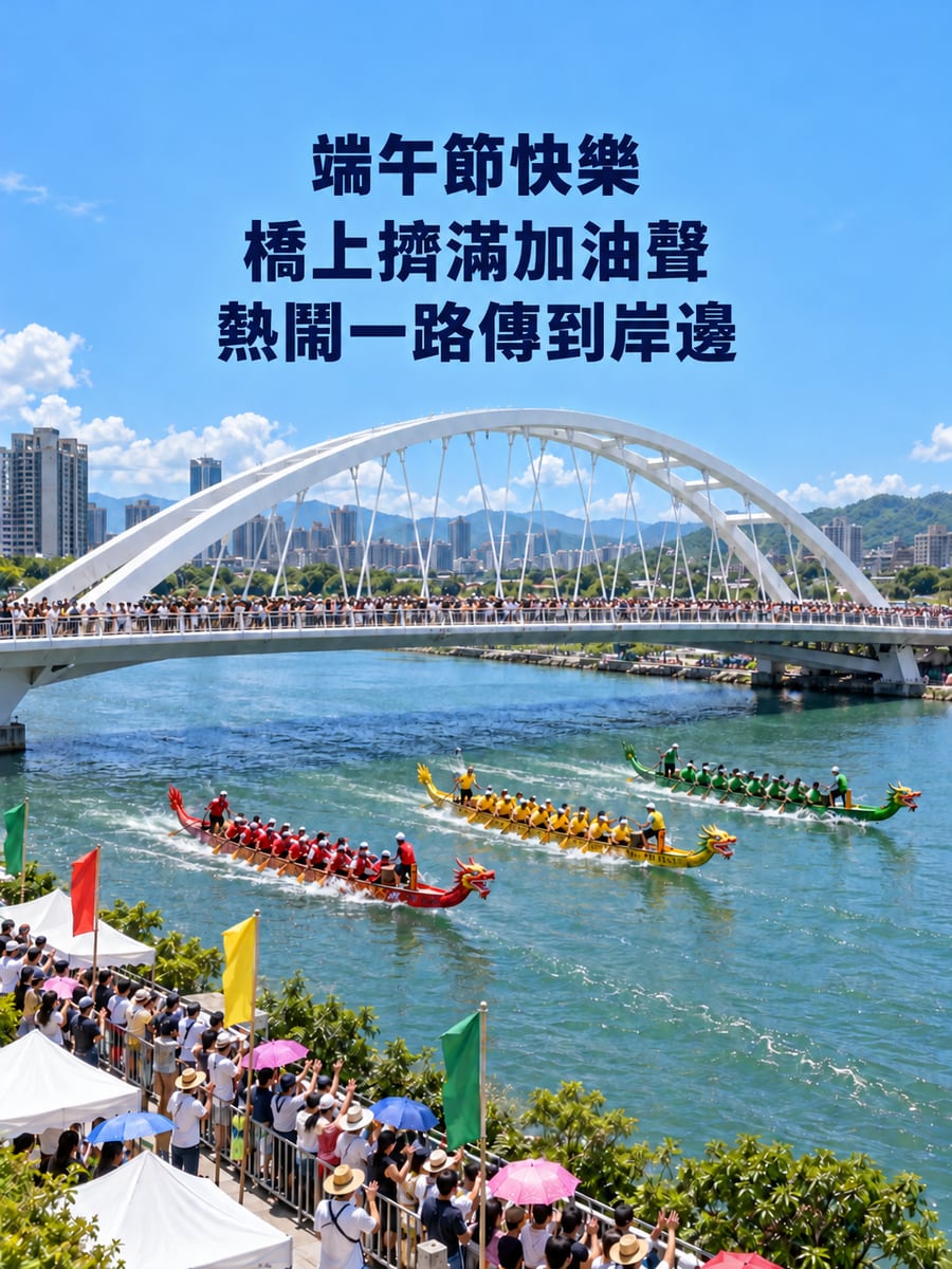 橋上加油聲。圖中文字：端午節快樂，橋上擠滿加油聲，熱鬧一路傳到岸邊