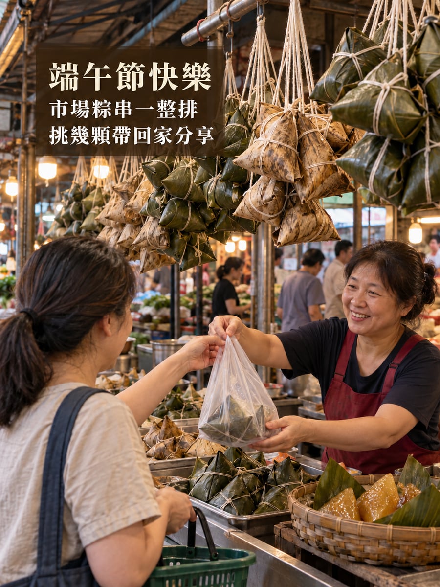 市場粽串。圖中文字：端午節快樂，市場粽串一整排，挑幾顆帶回家分享