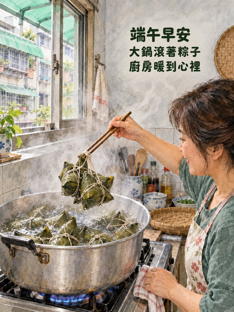 大鍋煮粽。圖中文字：端午早安，大鍋滾著粽子，廚房暖到心裡