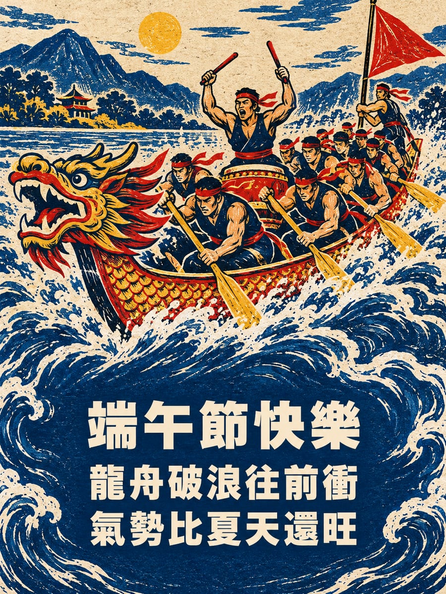 破浪龍舟版畫。圖中文字：端午節快樂，龍舟破浪往前衝，氣勢比夏天還旺