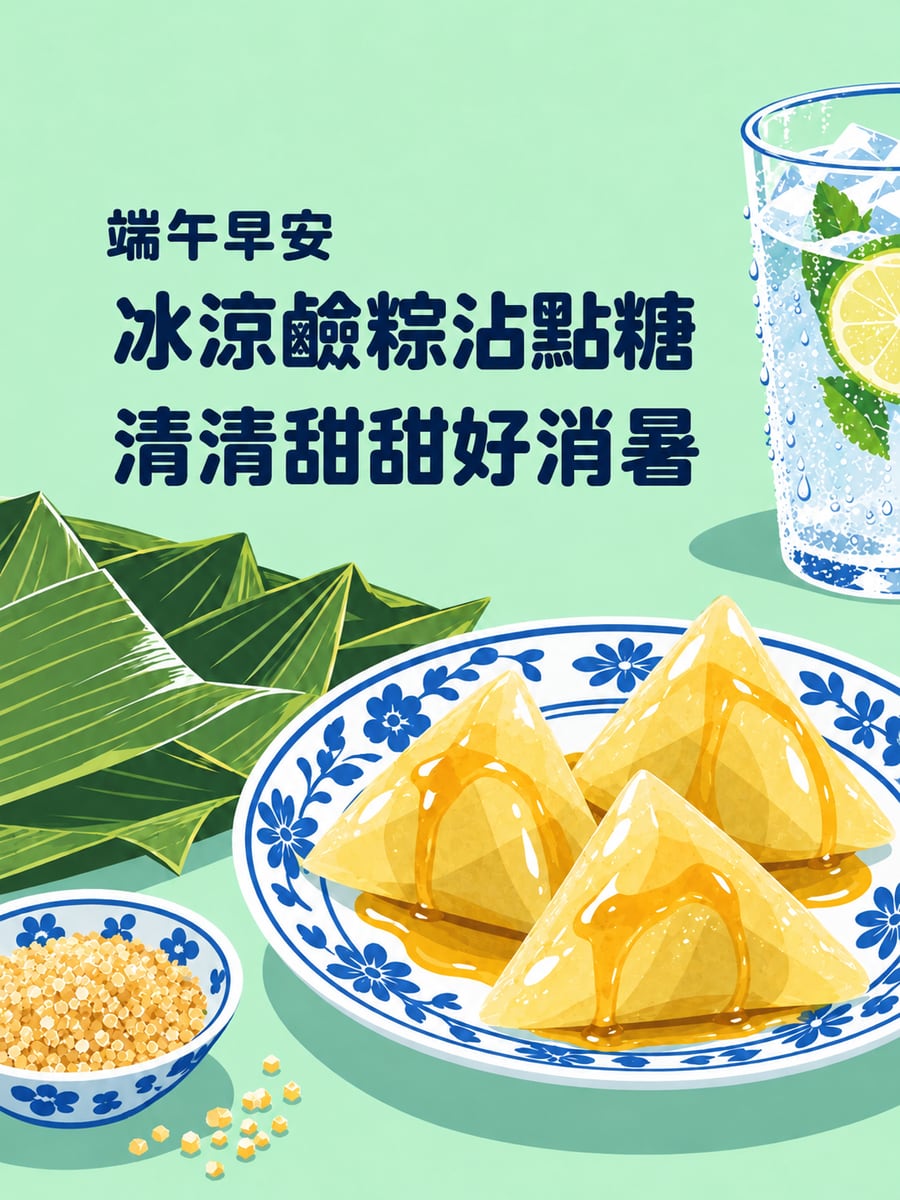 冰鹼粽沾糖。圖中文字：端午早安，冰涼鹼粽沾點糖，清清甜甜好消暑