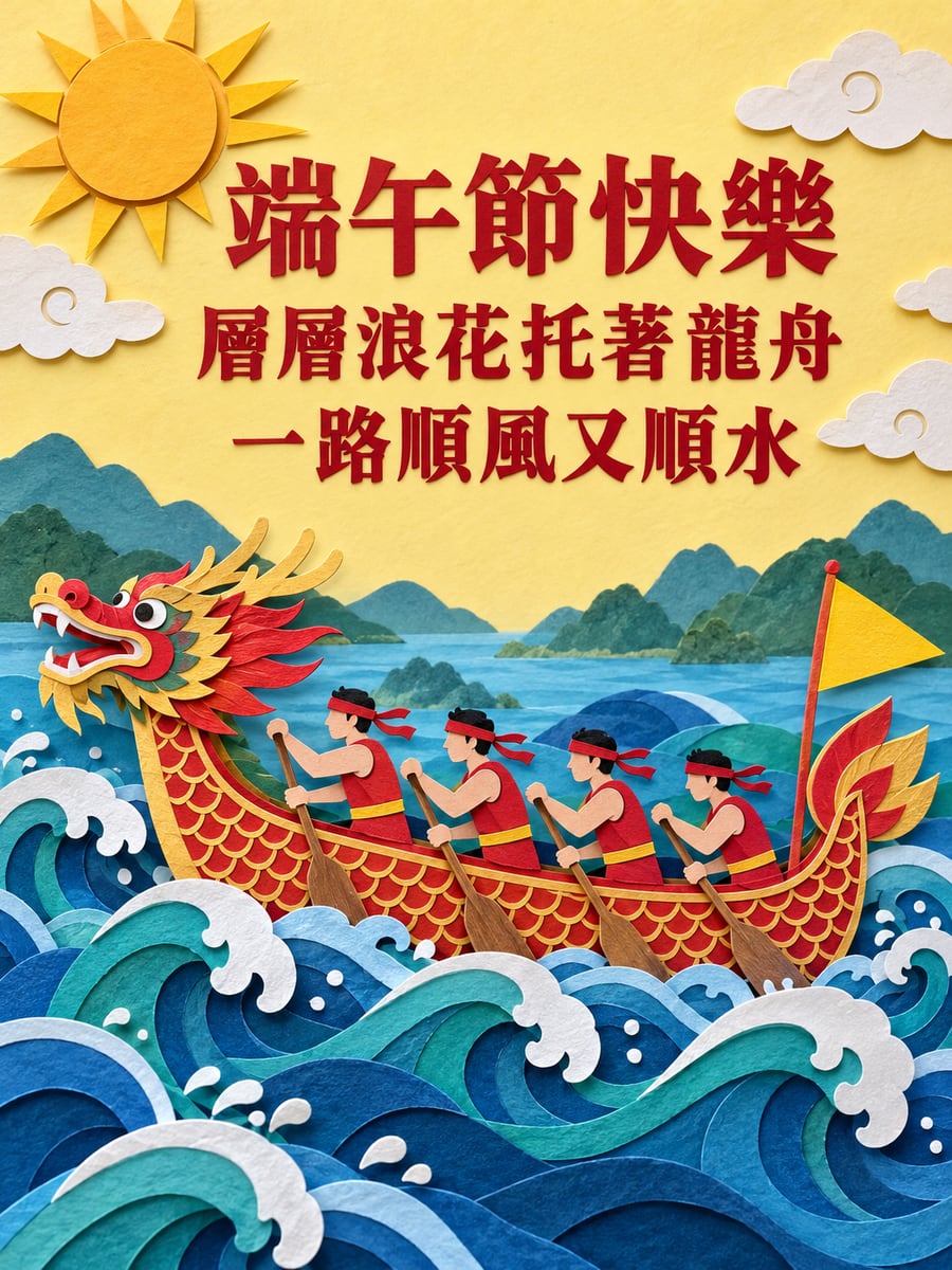 紙雕龍舟浪花。圖中文字：端午節快樂，層層浪花托著龍舟，一路順風又順水