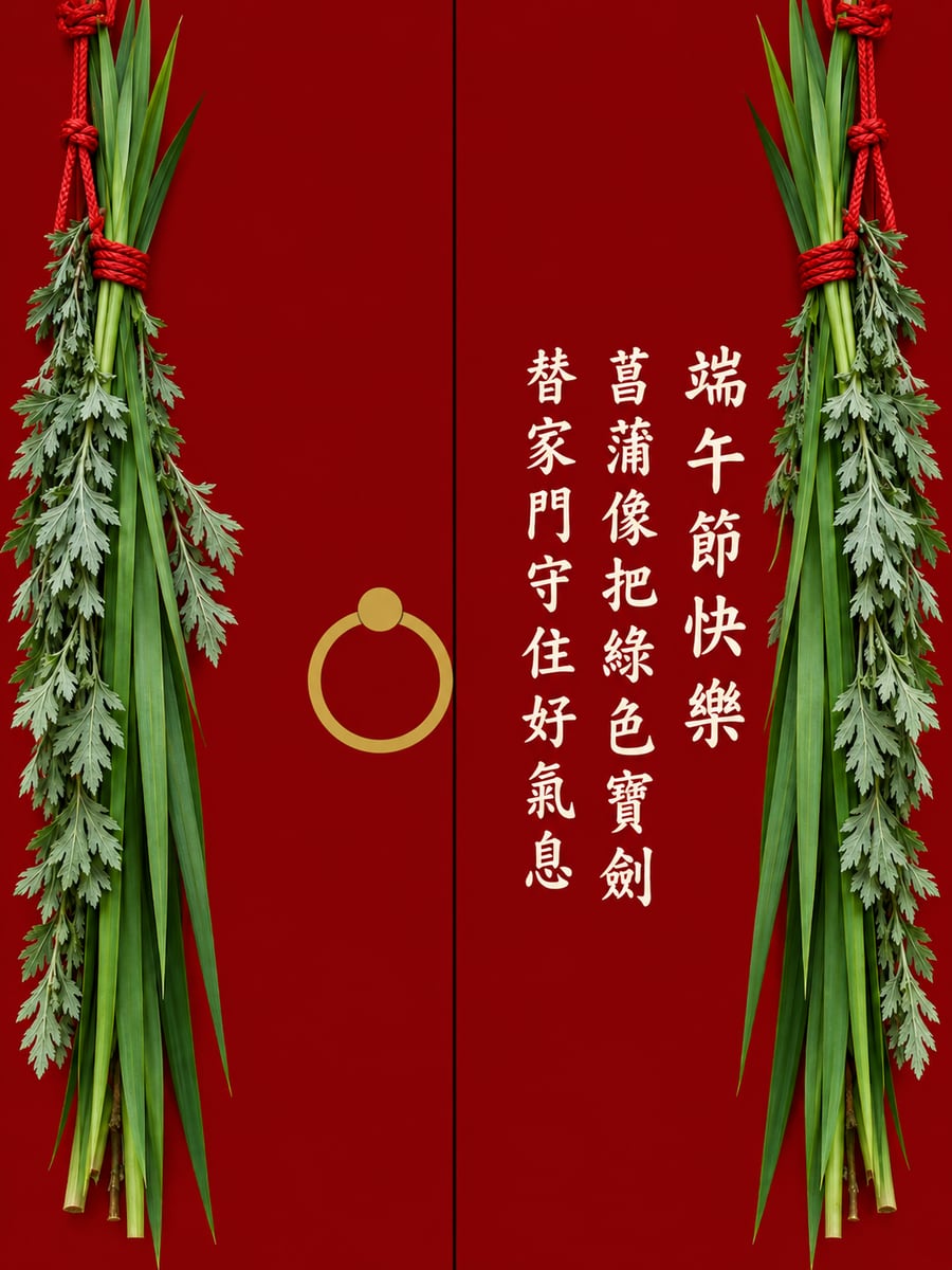 菖蒲寶劍。圖中文字：端午節快樂，菖蒲像把綠色寶劍，替家門守住好氣息
