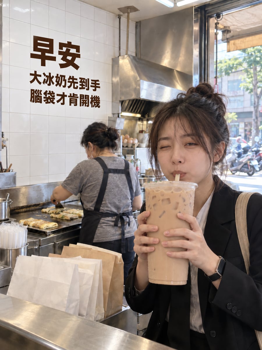 大冰奶開機。圖中文字：早安，大冰奶先到手，腦袋才肯開機