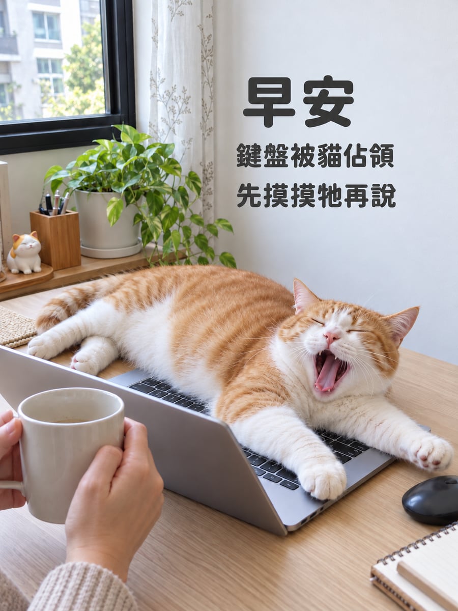 鍵盤被貓佔領。圖中文字：早安，鍵盤被貓佔領，先摸摸牠再說