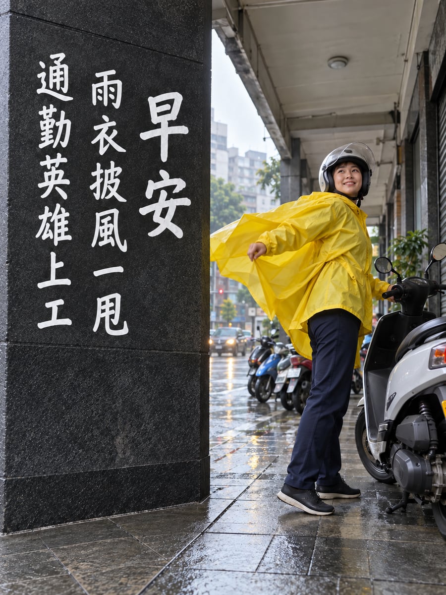 披風英雄上工。圖中文字：早安，雨衣披風一甩，通勤英雄上工