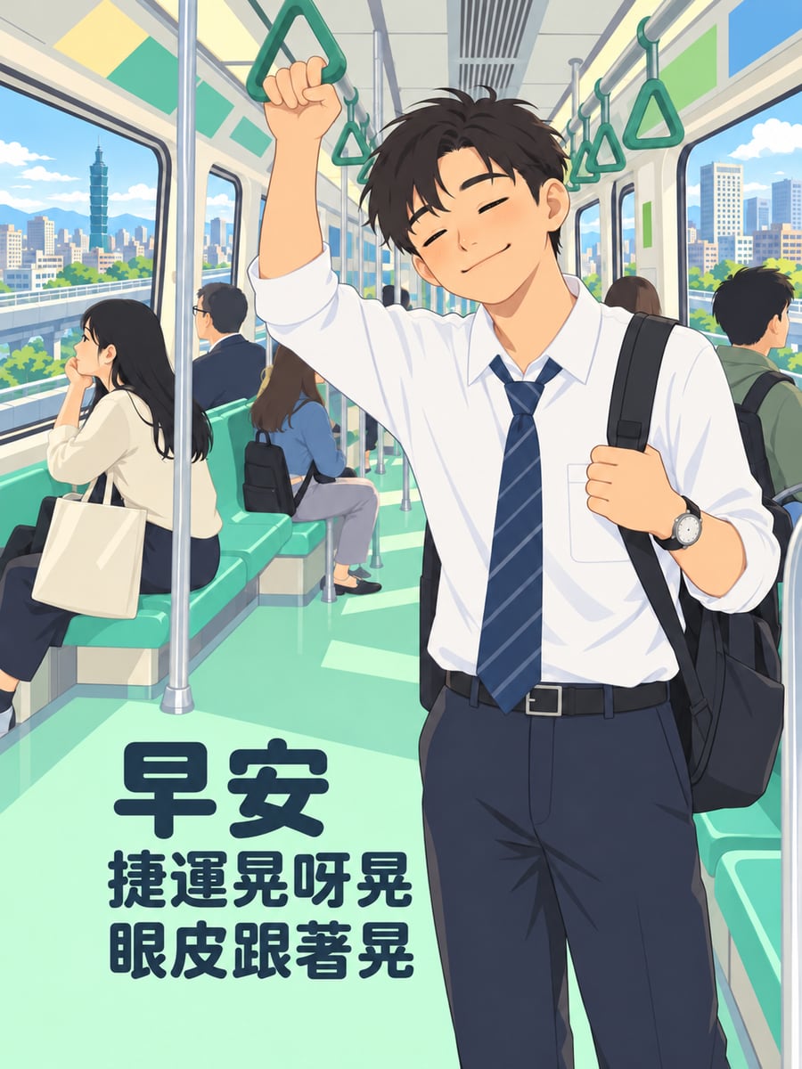 眼皮跟著晃。圖中文字：早安，捷運晃呀晃，眼皮跟著晃