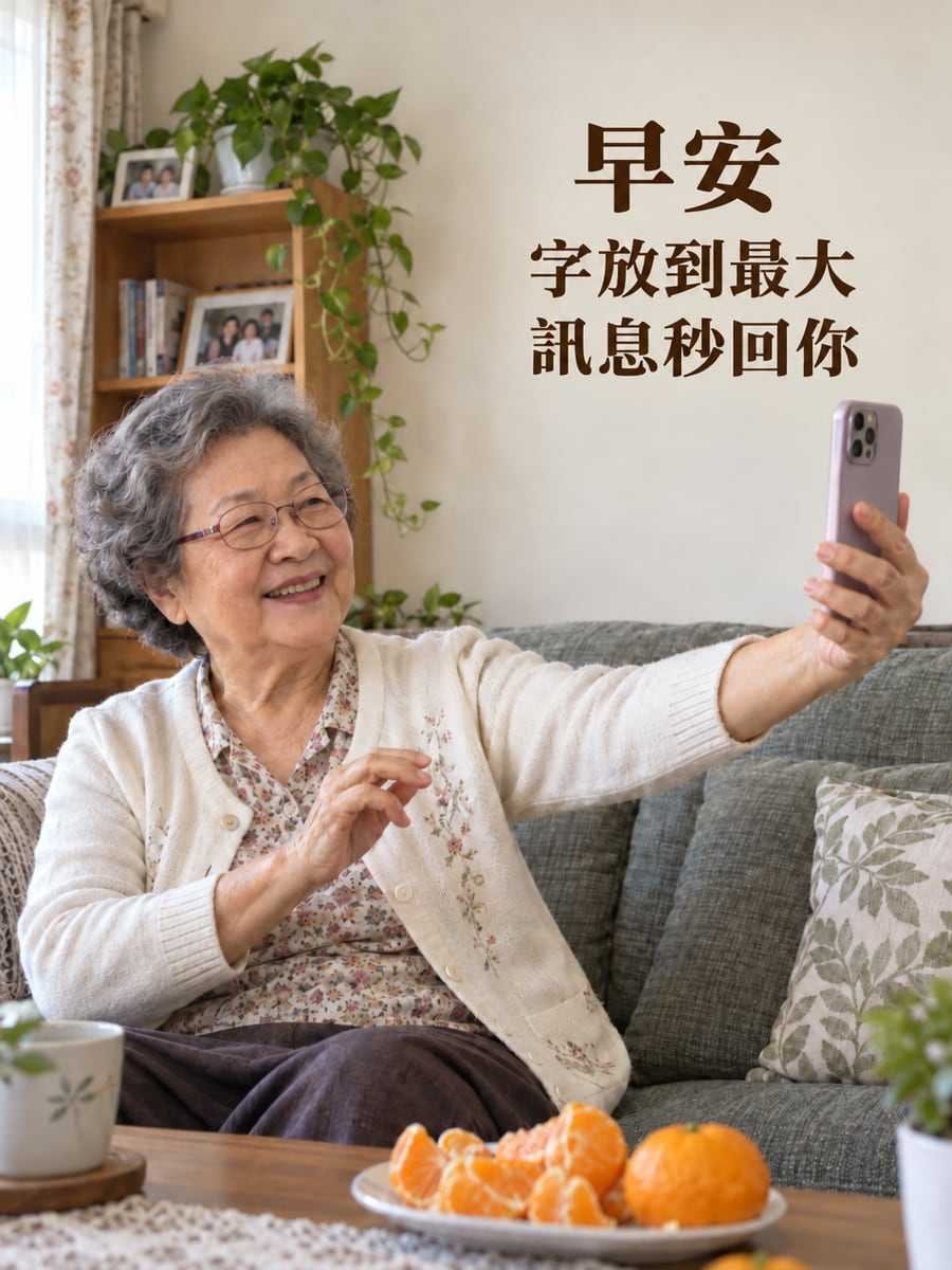 字放到最大。圖中文字：早安，字放到最大，訊息秒回你