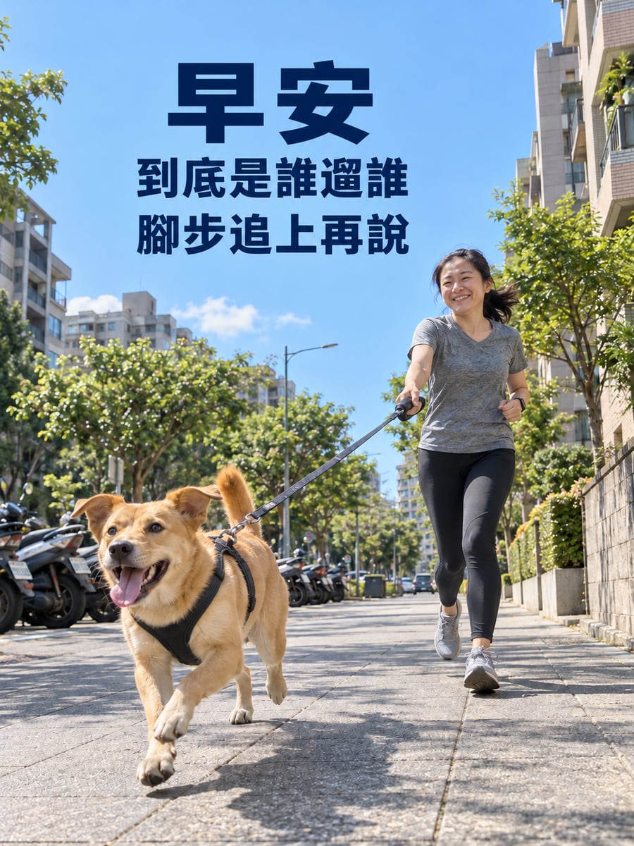 到底是誰遛誰。圖中文字：早安，到底是誰遛誰，腳步追上再說