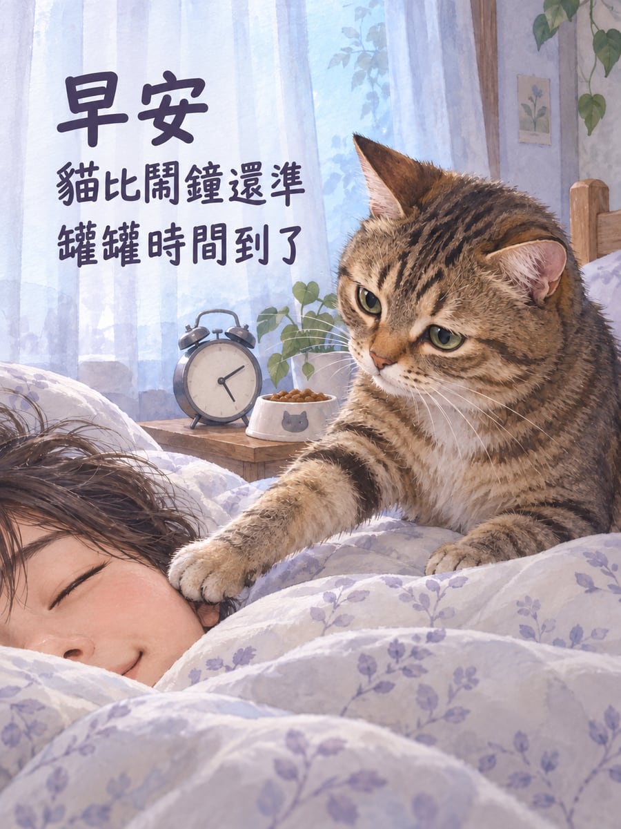 罐罐時間到了。圖中文字：早安，貓比鬧鐘還準，罐罐時間到了