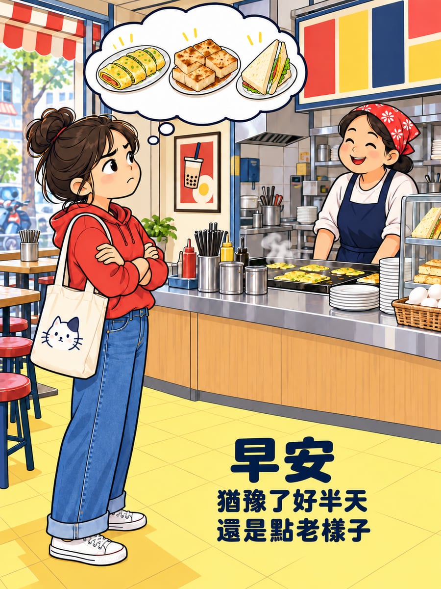 還是點老樣子。圖中文字：早安，猶豫了好半天，還是點老樣子