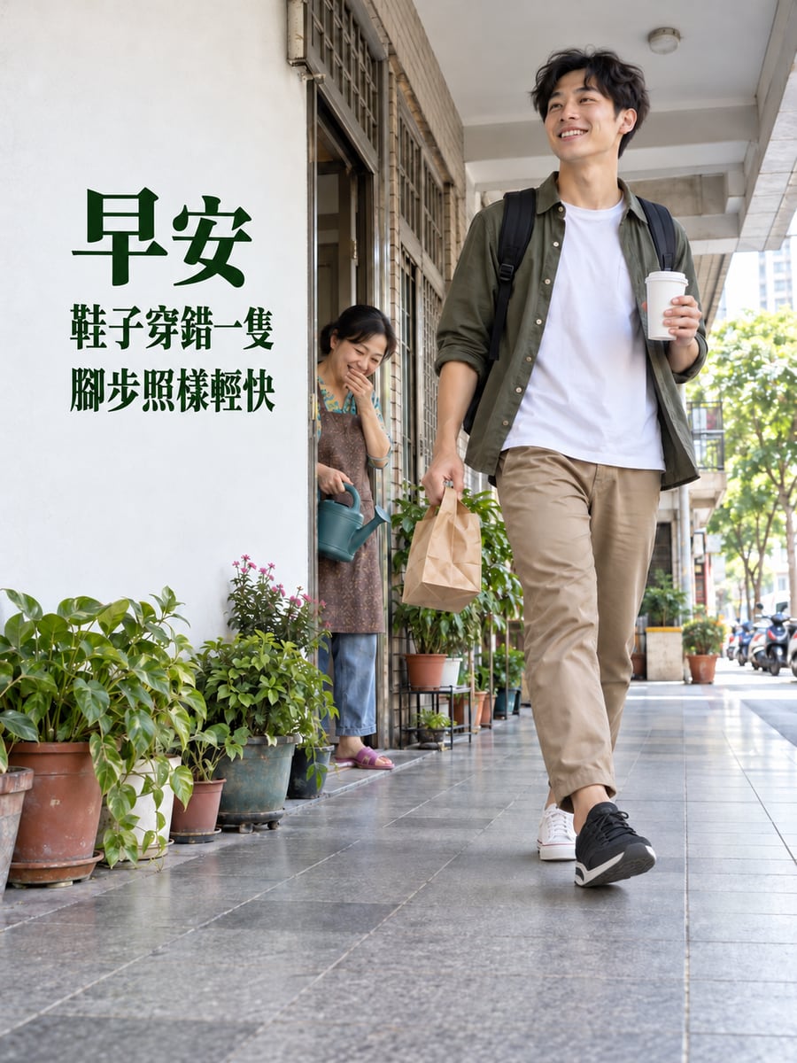 鞋子穿錯一隻。圖中文字：早安，鞋子穿錯一隻，腳步照樣輕快