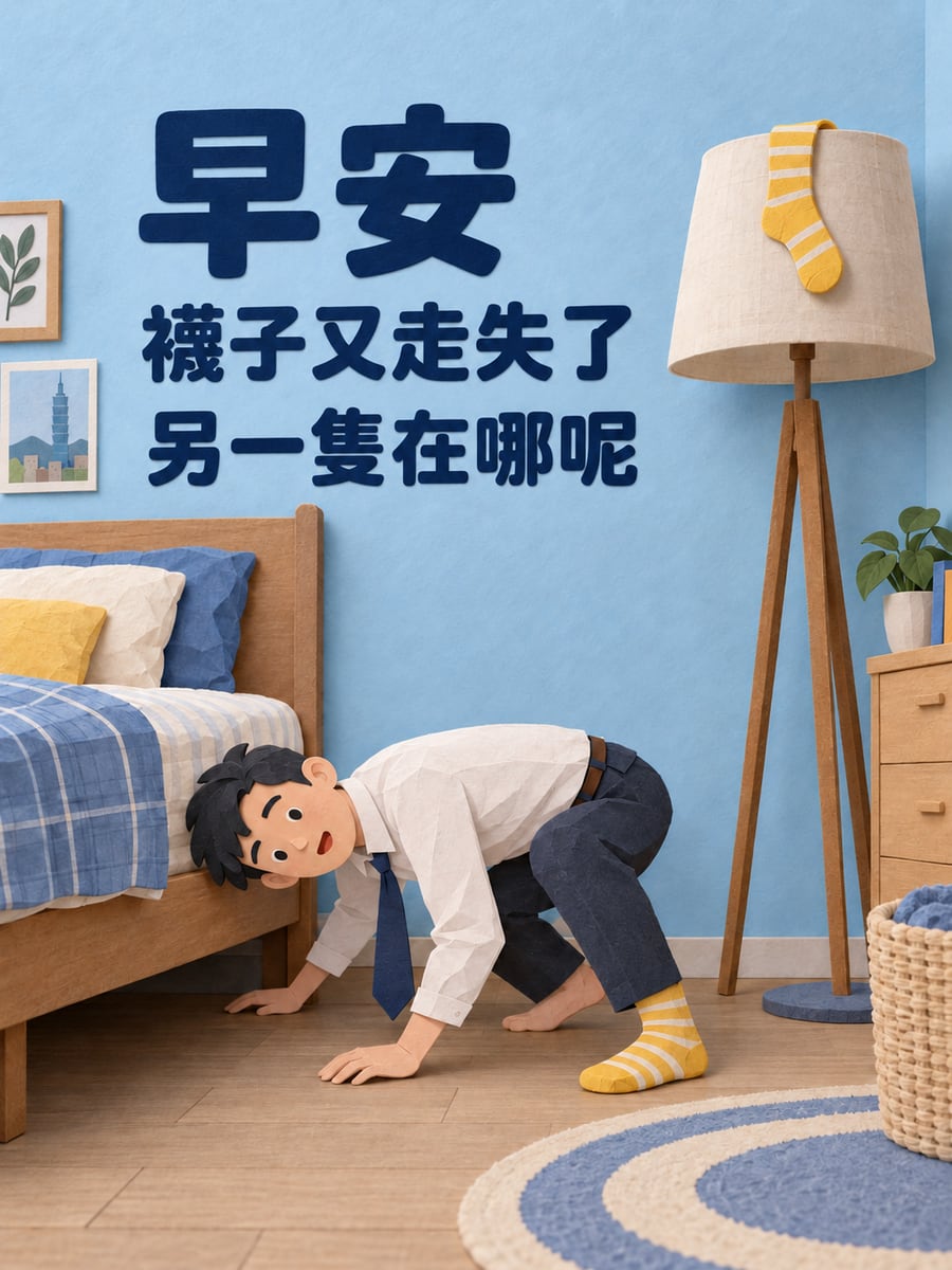 襪子又走失了。圖中文字：早安，襪子又走失了，另一隻在哪呢