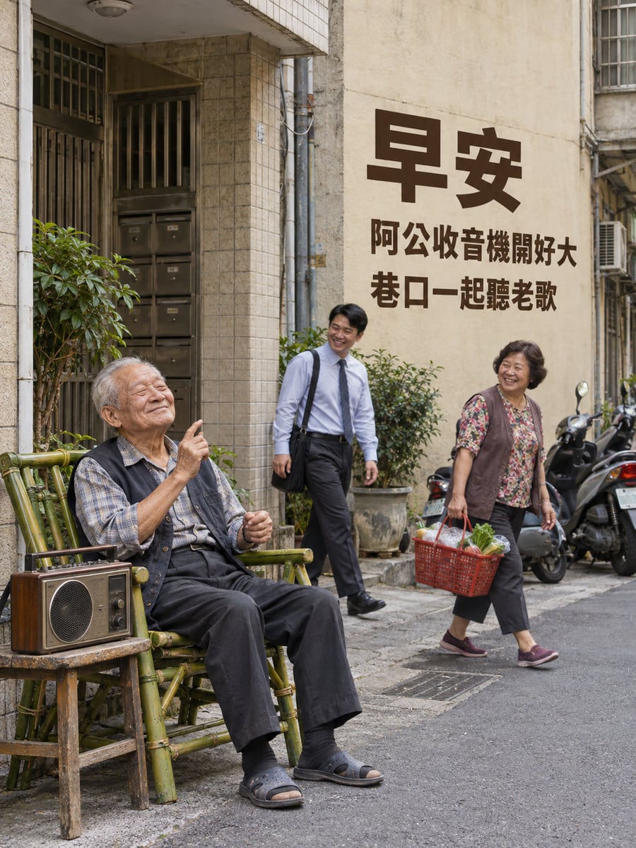 阿公收音機開好大。圖中文字：早安，阿公收音機開好大，巷口一起聽老歌