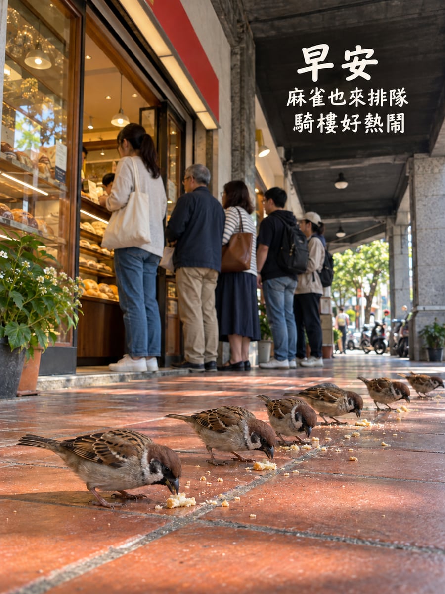 麻雀也來排隊。圖中文字：早安，麻雀也來排隊，騎樓好熱鬧