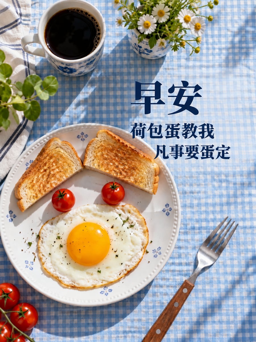 凡事要蛋定。圖中文字：早安，荷包蛋教我，凡事要蛋定