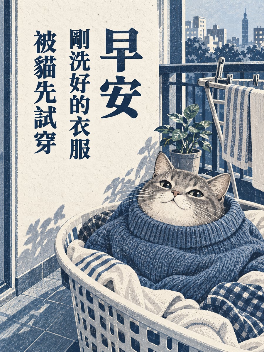 被貓先試穿。圖中文字：早安，剛洗好的衣服，被貓先試穿