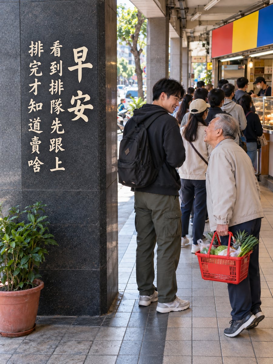 排完才知道賣啥。圖中文字：早安，看到排隊先跟上，排完才知道賣啥
