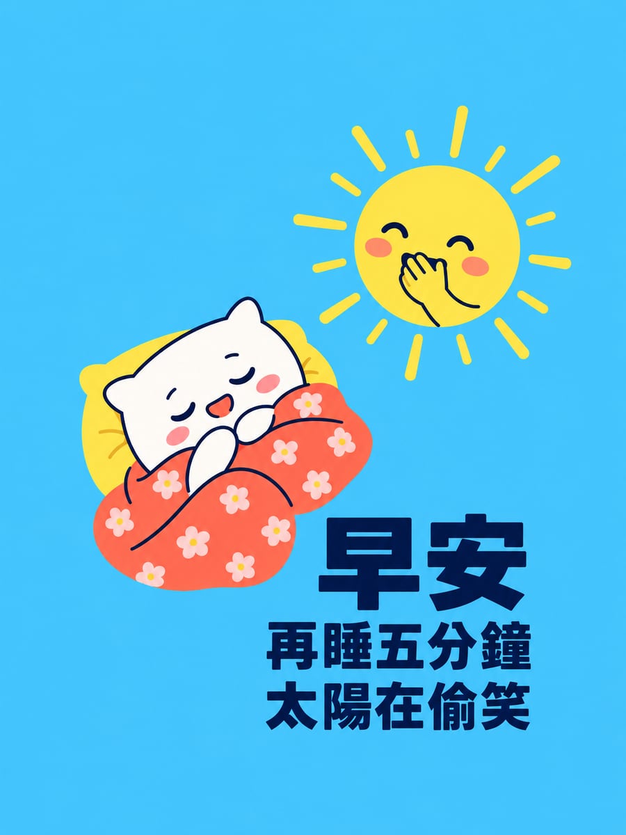 太陽在偷笑。圖中文字：早安，再睡五分鐘，太陽在偷笑