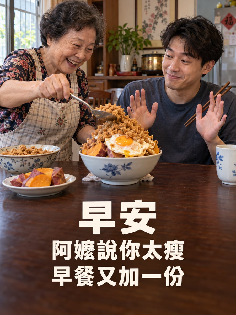 早餐又加一份。圖中文字：早安，阿嬤說你太瘦，早餐又加一份