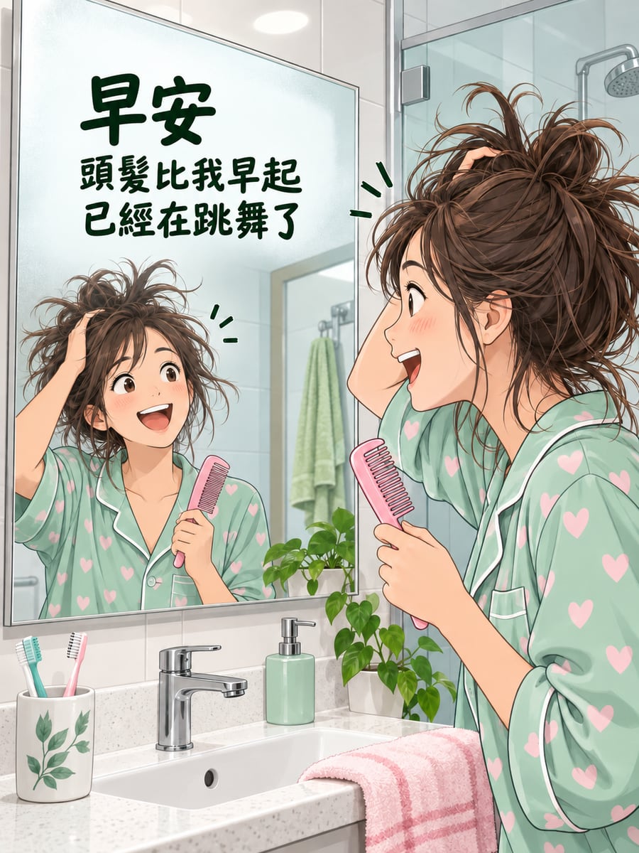 頭髮比我早起。圖中文字：早安，頭髮比我早起，已經在跳舞了