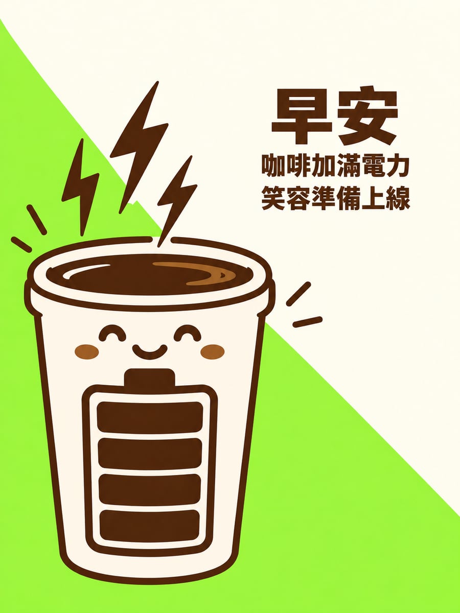 咖啡充電中。圖中文字：早安，咖啡加滿電力，笑容準備上線