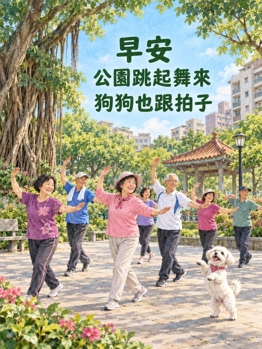 狗狗也跟拍子。圖中文字：早安，公園跳起舞來，狗狗也跟拍子
