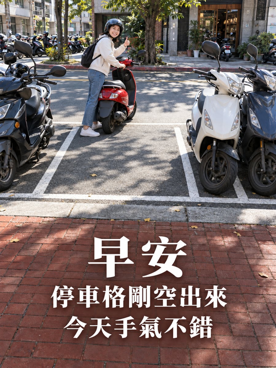 停車格剛空出來。圖中文字：早安，停車格剛空出來，今天手氣不錯