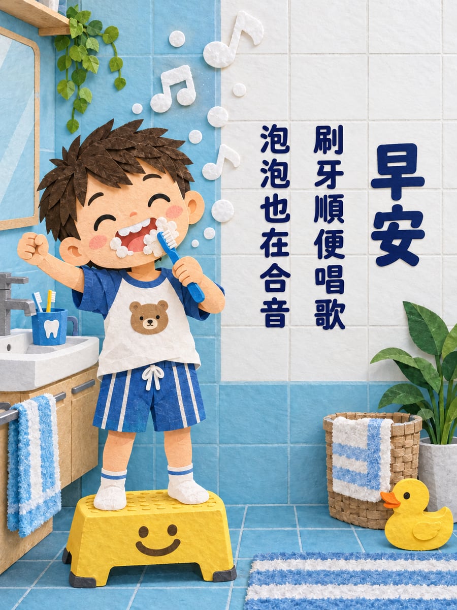 泡泡也在合音。圖中文字：早安，刷牙順便唱歌，泡泡也在合音