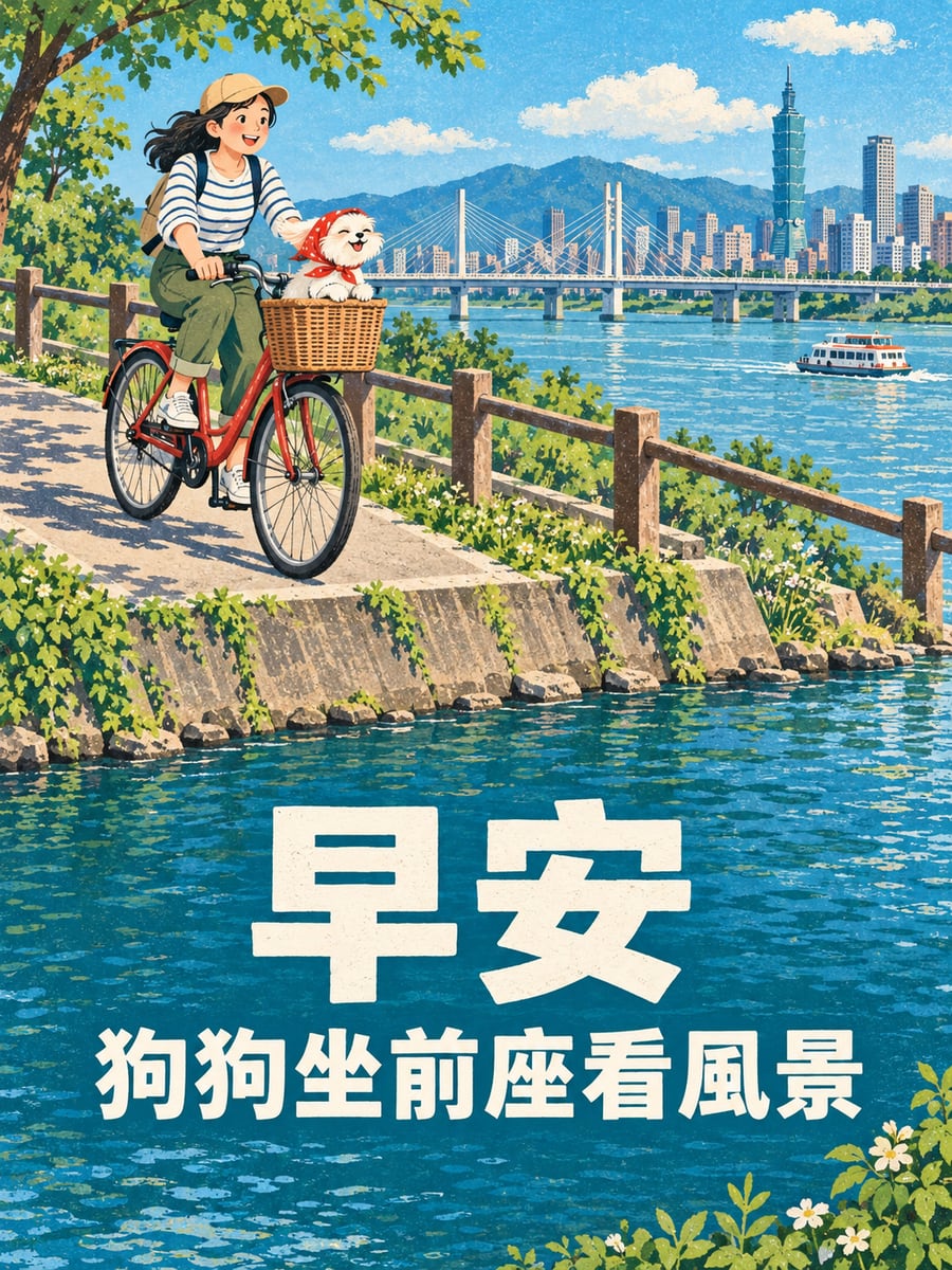 狗狗坐前座。圖中文字：早安，狗狗坐前座看風景