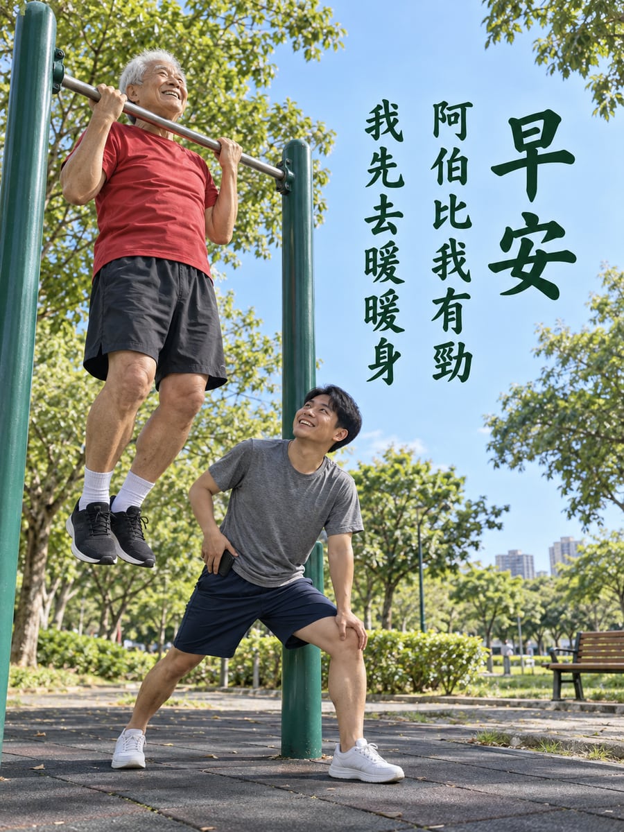 阿伯比我有勁。圖中文字：早安，阿伯比我有勁，我先去暖暖身