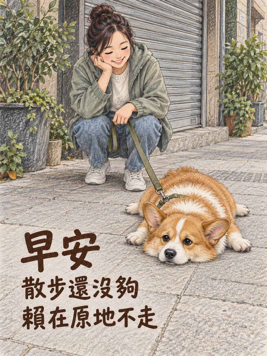 賴在原地不走。圖中文字：早安，散步還沒夠，賴在原地不走