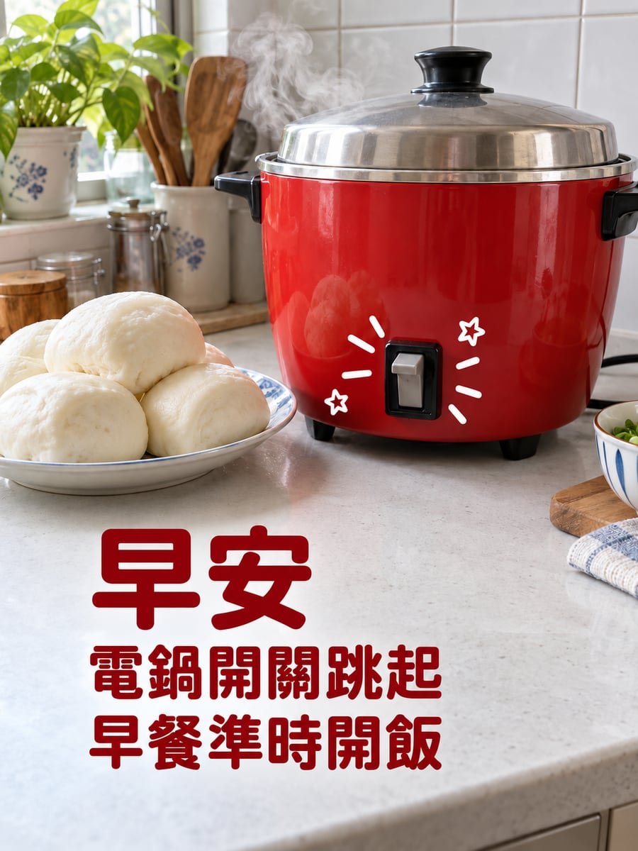 電鍋開關跳起。圖中文字：早安，電鍋開關跳起，早餐準時開飯