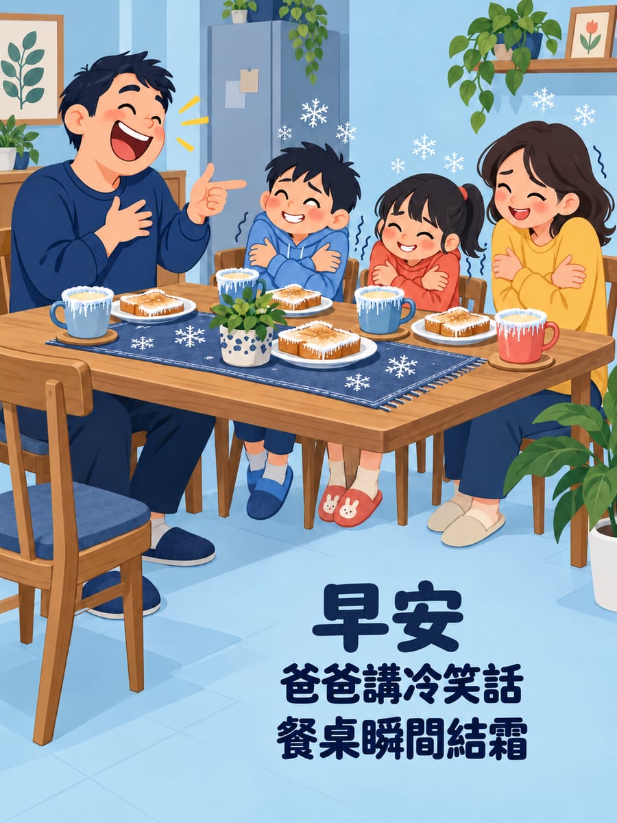 爸爸講冷笑話。圖中文字：早安，爸爸講冷笑話，餐桌瞬間結霜