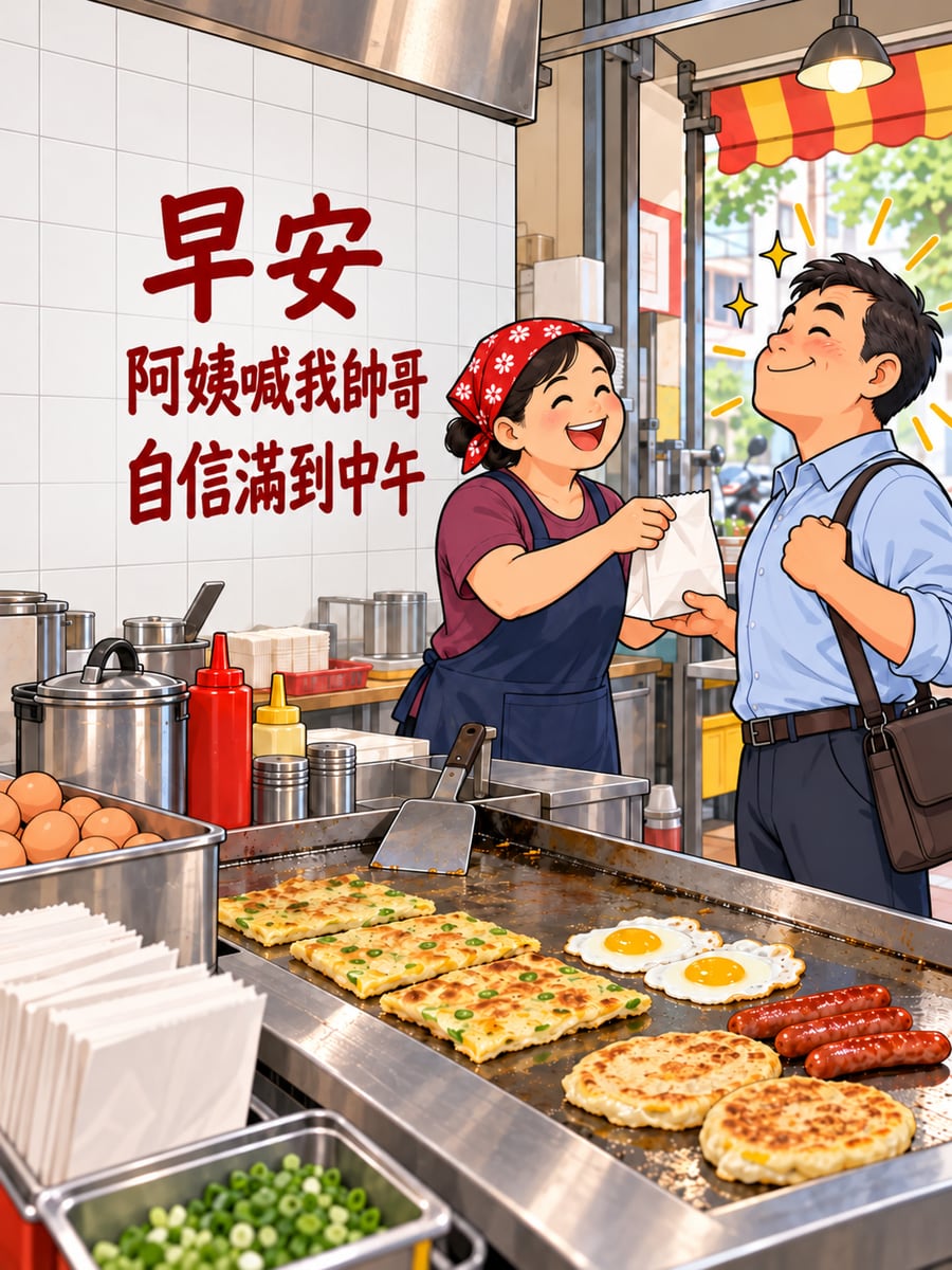 阿姨喊我帥哥。圖中文字：早安，阿姨喊我帥哥，自信滿到中午