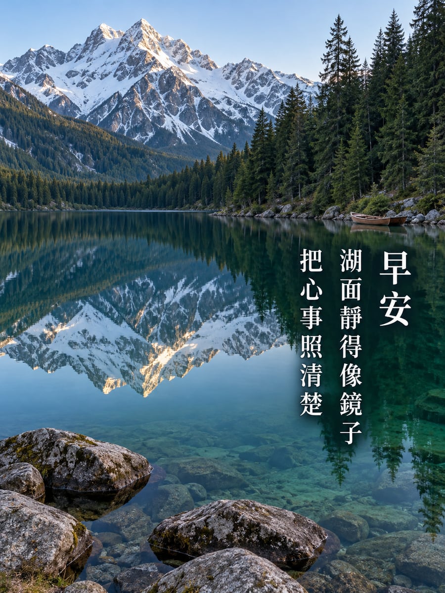 鏡面湖。圖中文字：早安，湖面靜得像鏡子，把心事照清楚