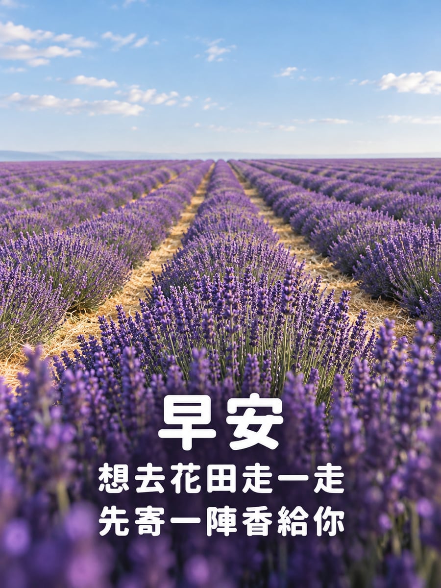 薰衣草田。圖中文字：早安，想去花田走一走，先寄一陣香給你