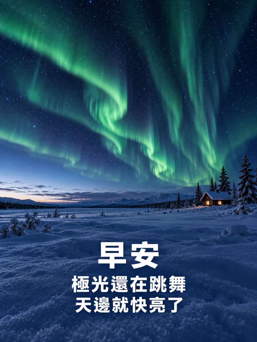極光將散。圖中文字：早安，極光還在跳舞，天邊就快亮了