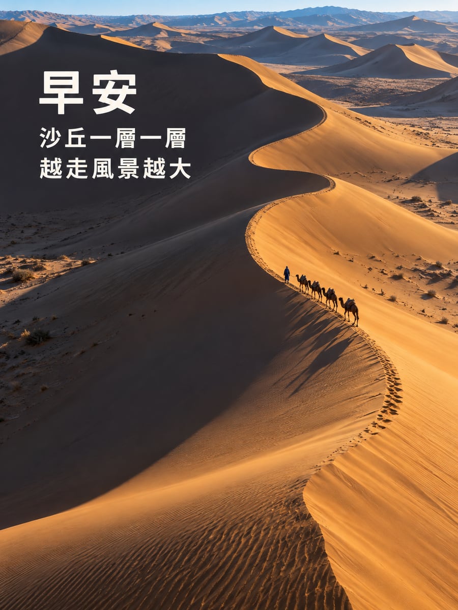 沙丘稜線。圖中文字：早安，沙丘一層一層，越走風景越大