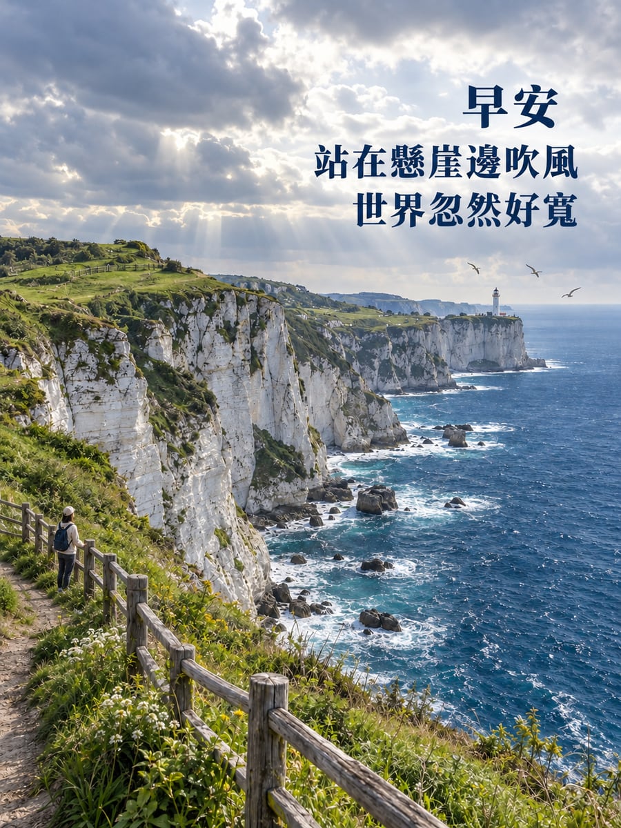 懸崖步道。圖中文字：早安，站在懸崖邊吹風，世界忽然好寬