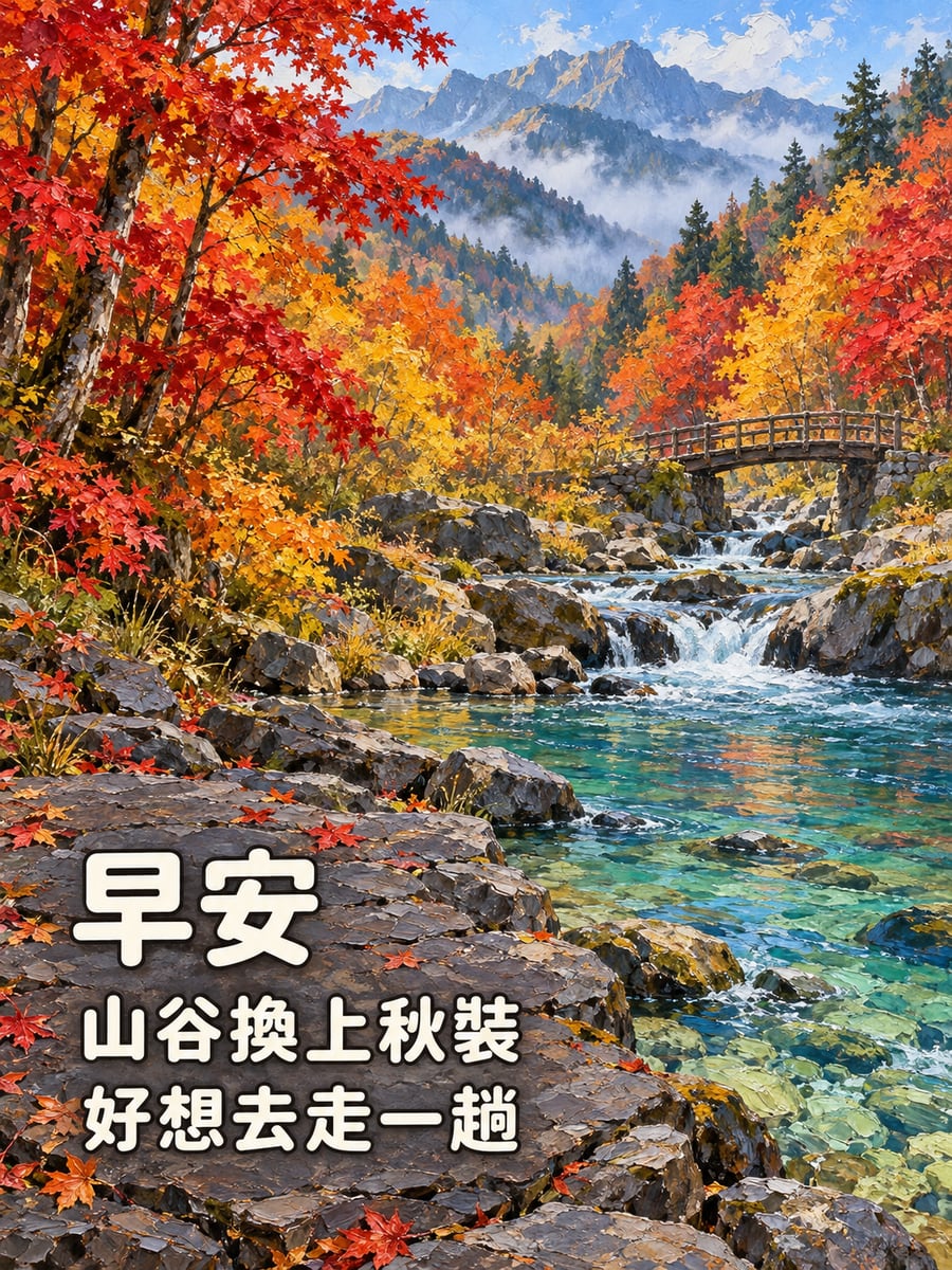 楓紅山谷。圖中文字：早安，山谷換上秋裝，好想去走一趟