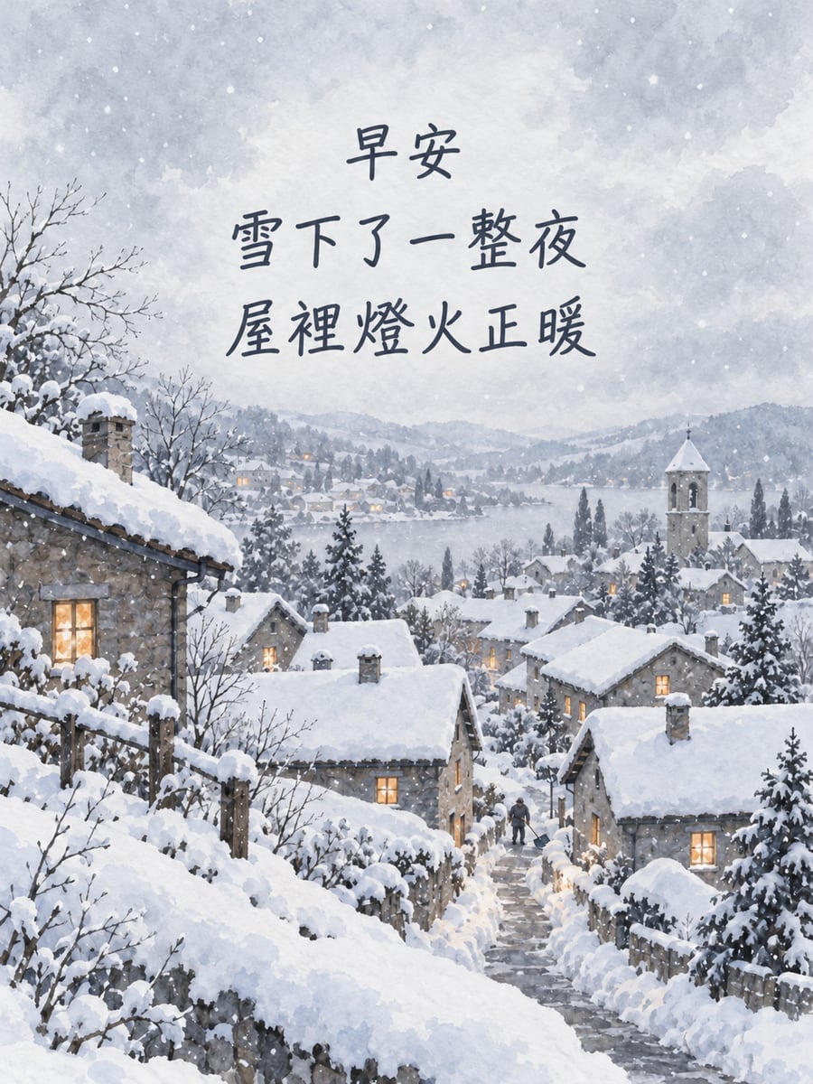 雪夜小鎮。圖中文字：早安，雪下了一整夜，屋裡燈火正暖
