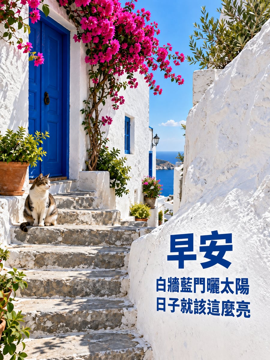 白牆藍門。圖中文字：早安，白牆藍門曬太陽，日子就該這麼亮