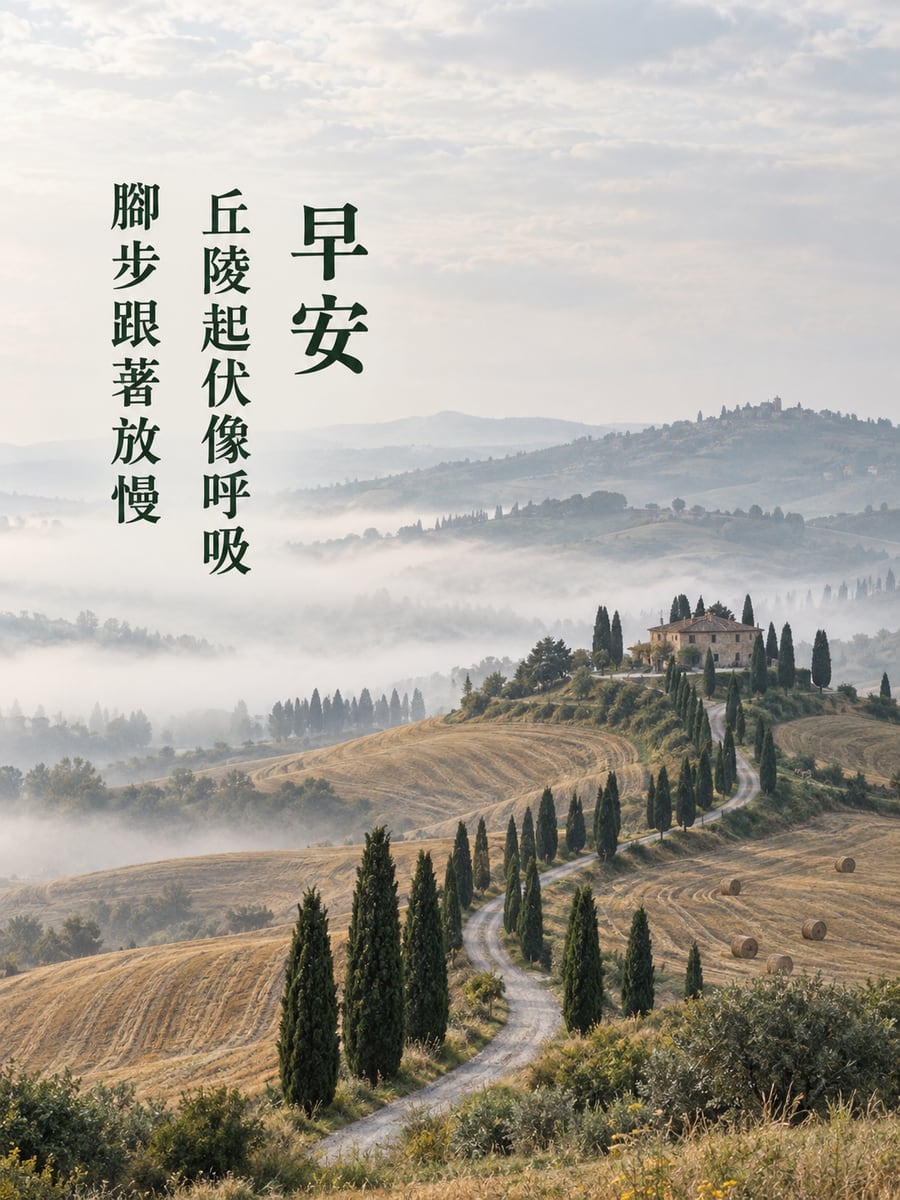 起伏丘陵。圖中文字：早安，丘陵起伏像呼吸，腳步跟著放慢