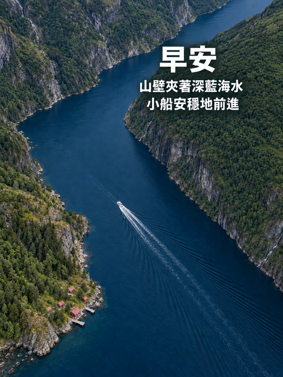 峽灣小屋。圖中文字：早安，山壁夾著深藍海水，小船安穩地前進